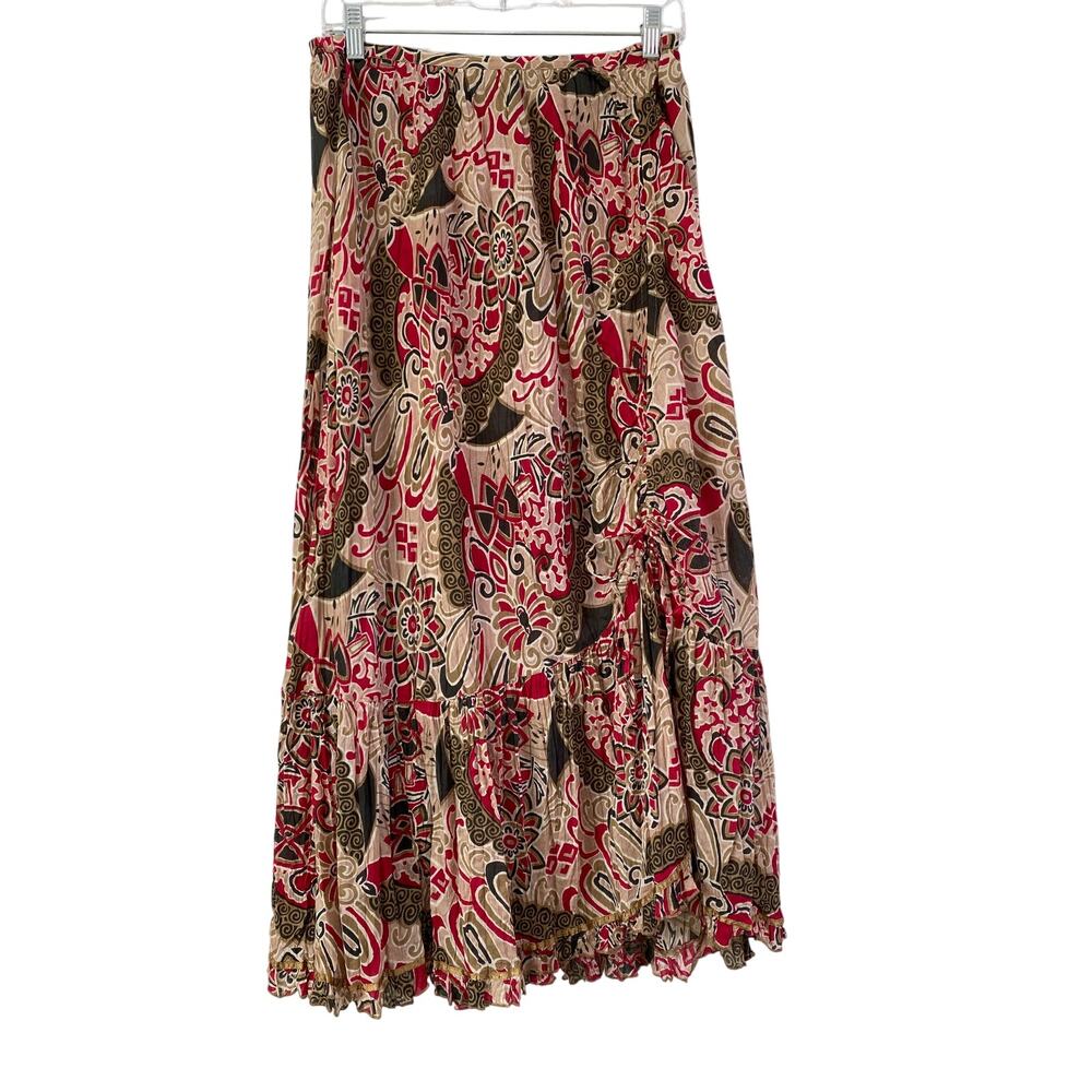 Vtg Crinkle Maxi Skirt Ruffles Bow Ruched Boho Broomstick Floral Festival Size M